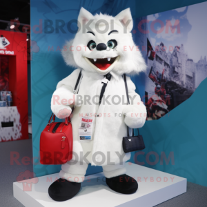 White Vampire mascot costume character dressed with a Parka and Clutch bags