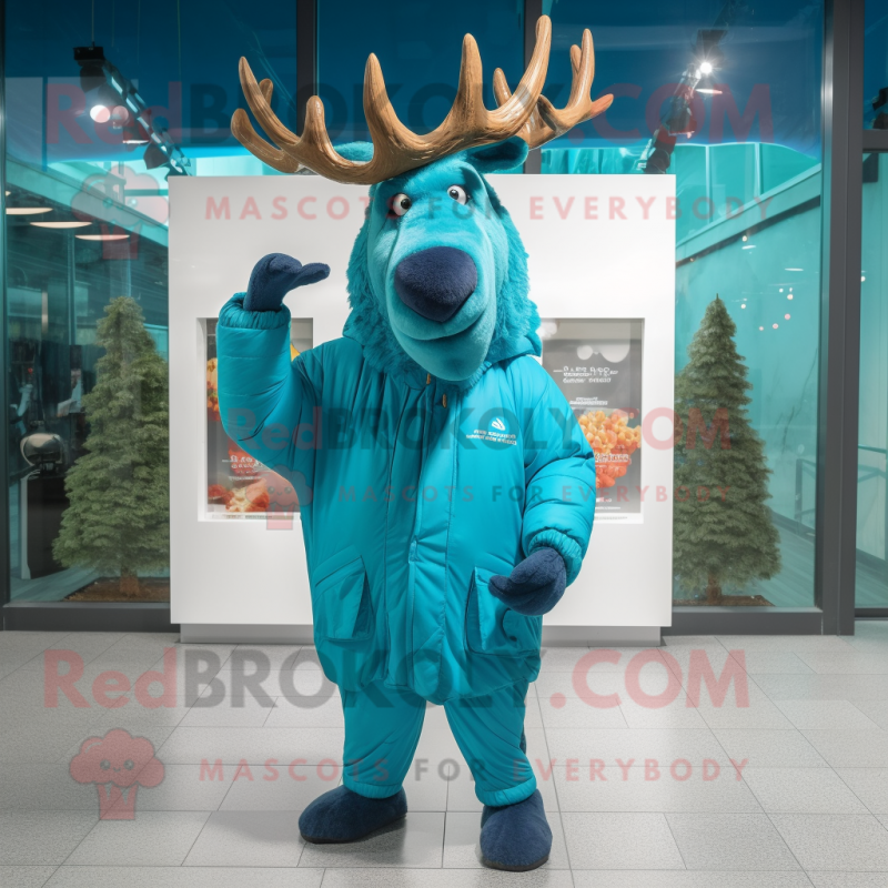 Sky Blue Irish Elk mascot costume character dressed with a Windbreaker and Gloves Sky Blue Irish Elk mascot costume character dressed with a Windbreaker and Gloves