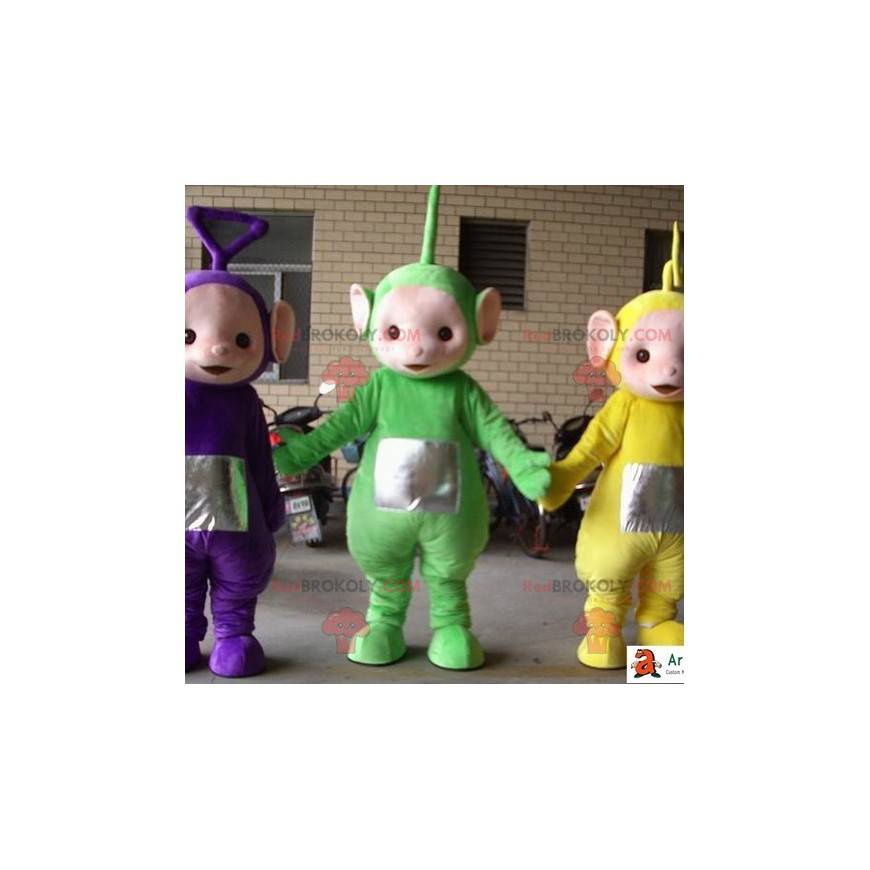 Mascottes de Télétubbies vert jaune et violet. 3 Télétubbies -