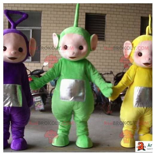 Mascotes Teletubbies verdes, amarelos e roxos. 3 teletubbies -