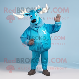 Sky Blue Irish Elk mascot costume character dressed with a Windbreaker and Gloves