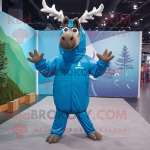 Sky Blue Irish Elk mascot costume character dressed with a Windbreaker and Gloves