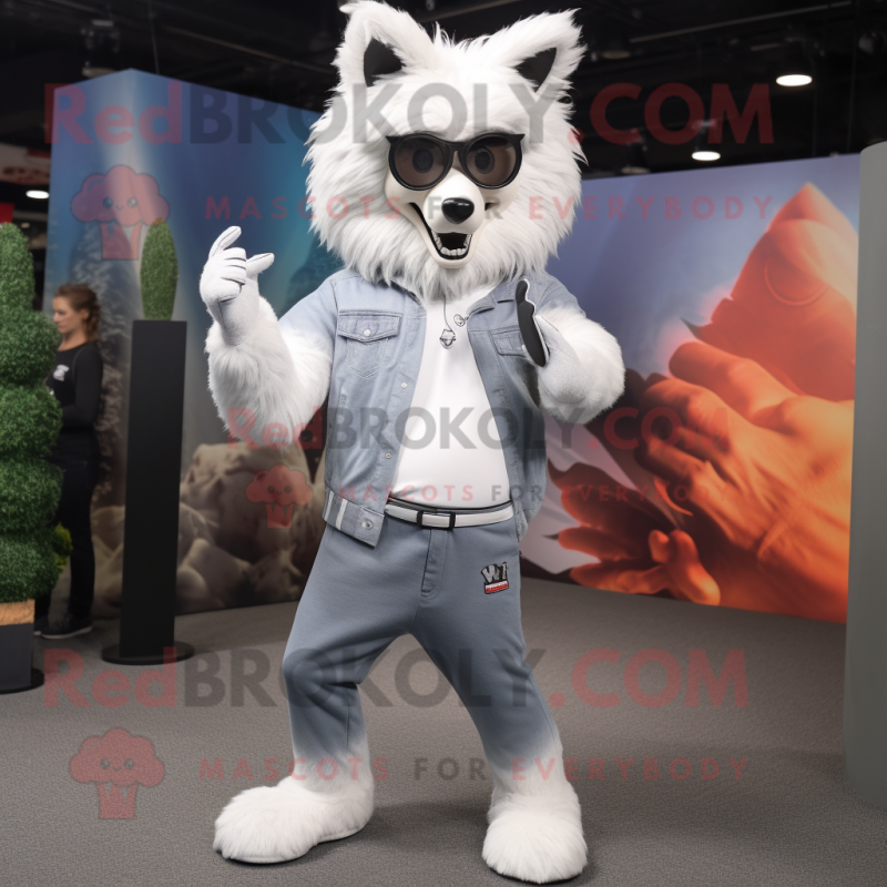 White Wolf mascot costume character dressed with a Skinny Jeans and Sunglasses White Wolf mascot costume character dressed with a Skinny Jeans and Sunglasses