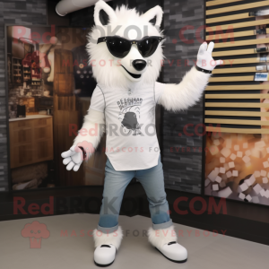 White Wolf mascot costume character dressed with a Skinny Jeans and Sunglasses