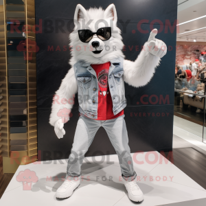 White Wolf mascot costume character dressed with a Skinny Jeans and Sunglasses