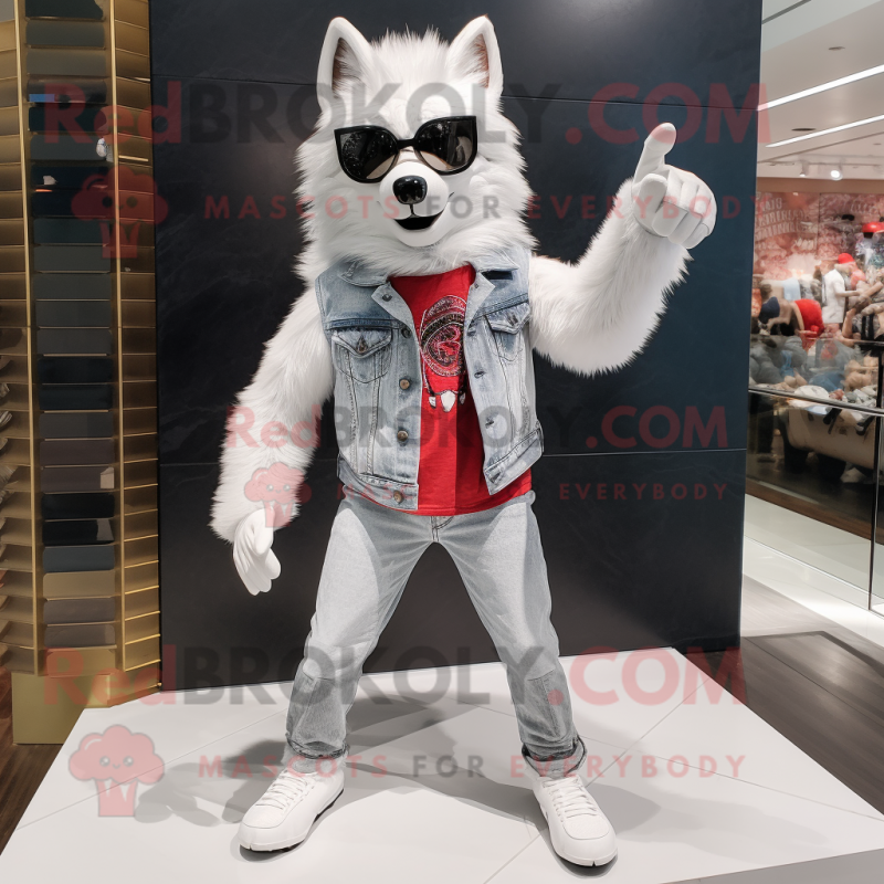 White Wolf mascot costume character dressed with a Skinny Jeans and Sunglasses White Wolf mascot costume character dressed with a Skinny Jeans and Sunglasses