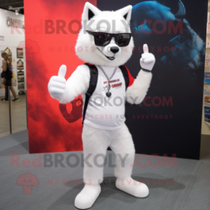 White Wolf mascot costume character dressed with a Skinny Jeans and Sunglasses