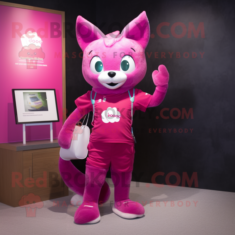 Magenta Cat mascot costume character dressed with a T-Shirt and Wallets