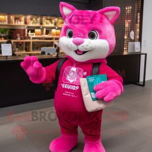 Magenta Cat mascot costume character dressed with a T-Shirt and Wallets