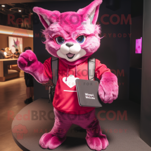 Magenta Cat mascot costume character dressed with a T-Shirt and Wallets