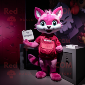 Magenta Cat mascot costume character dressed with a T-Shirt and Wallets