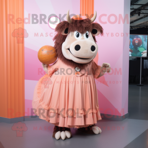 Peach Buffalo mascot costume character dressed with a Maxi Dress and Coin purses