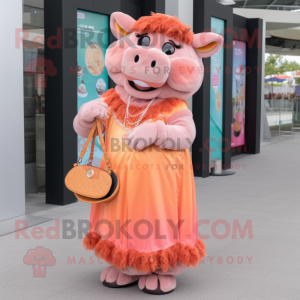 Peach Buffalo mascot costume character dressed with a Maxi Dress and Coin purses