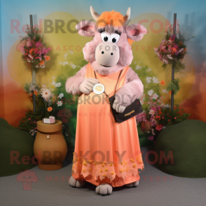 Peach Buffalo mascot costume character dressed with a Maxi Dress and Coin purses