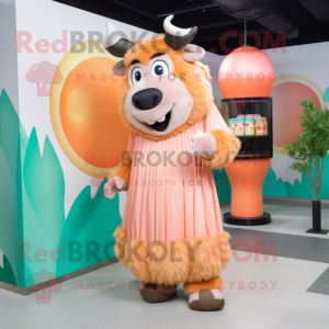 Peach Buffalo mascot costume character dressed with a Maxi Dress and Coin purses