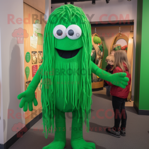 Green Spaghetti mascot costume character dressed with a Jeggings and Mittens