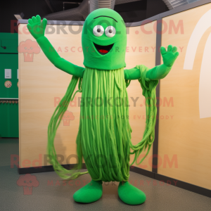 Green Spaghetti mascot costume character dressed with a Jeggings and Mittens
