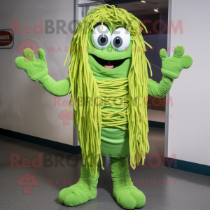 Green Spaghetti mascot costume character dressed with a Jeggings and Mittens