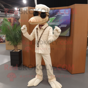 Beige Coelophysis mascot costume character dressed with a Jumpsuit and Sunglasses