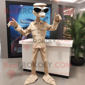 Beige Coelophysis mascot costume character dressed with a Jumpsuit and Sunglasses