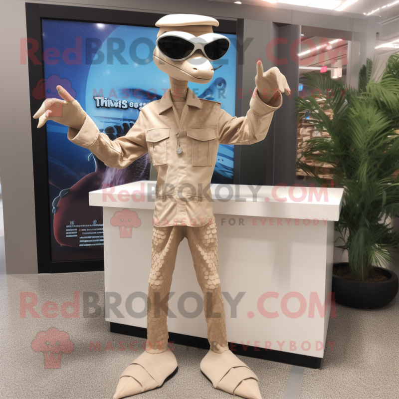 Beige Coelophysis mascot costume character dressed with a Jumpsuit and Sunglasses Beige Coelophysis mascot costume character dressed with a Jumpsuit and Sunglasses