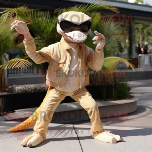 Beige Coelophysis mascot costume character dressed with a Jumpsuit and Sunglasses