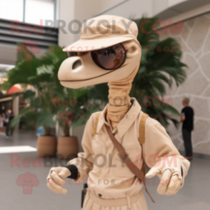 Beige Coelophysis mascot costume character dressed with a Jumpsuit and Sunglasses