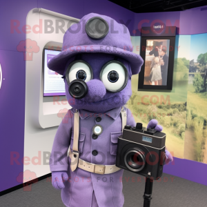 Lavender Camera mascot costume character dressed with a T-Shirt and Berets