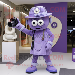 Lavender Camera mascot costume character dressed with a T-Shirt and Berets