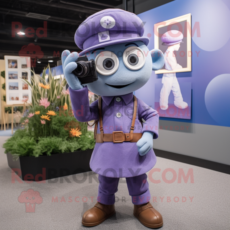 Lavender Camera mascot costume character dressed with a T-Shirt and Berets Lavender Camera mascot costume character dressed with a T-Shirt and Berets