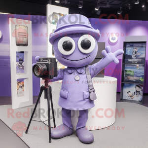 Lavender Camera mascot costume character dressed with a T-Shirt and Berets