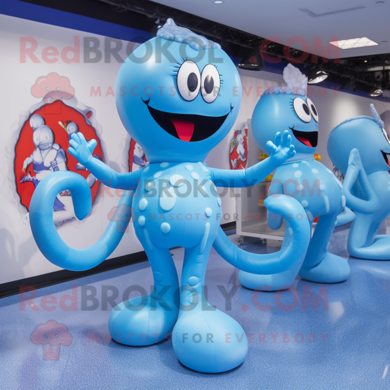 Sky Blue Hydra mascot costume character dressed with a Mini Skirt and Caps Sky Blue Hydra mascot costume character dressed with a Mini Skirt and Caps