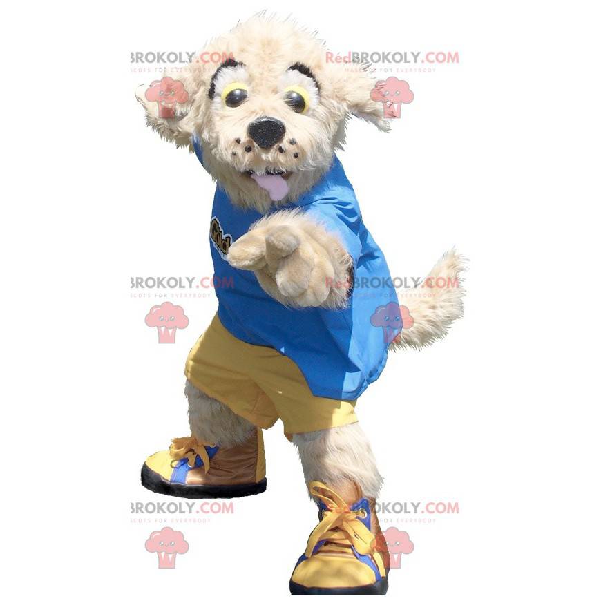 Mascotte de chien beige en tenue jaune et bleue - Redbrokoly.com