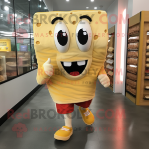 Beige Grilled Cheese Sandwich mascot costume character dressed with a Running Shorts and Clutch bags