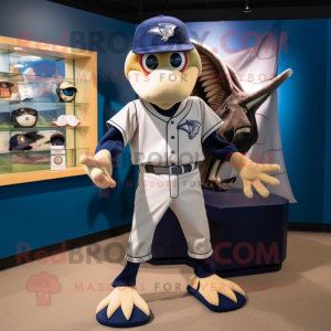 Navy Pterodactyl mascot costume character dressed with a Baseball Tee and Clutch bags