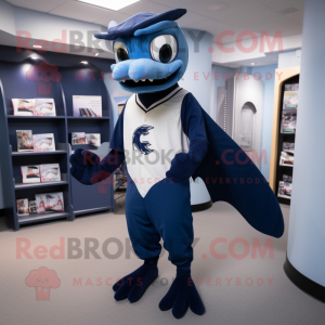 Navy Pterodactyl mascot costume character dressed with a Baseball Tee and Clutch bags