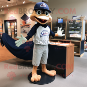 Navy Pterodactyl mascot costume character dressed with a Baseball Tee and Clutch bags