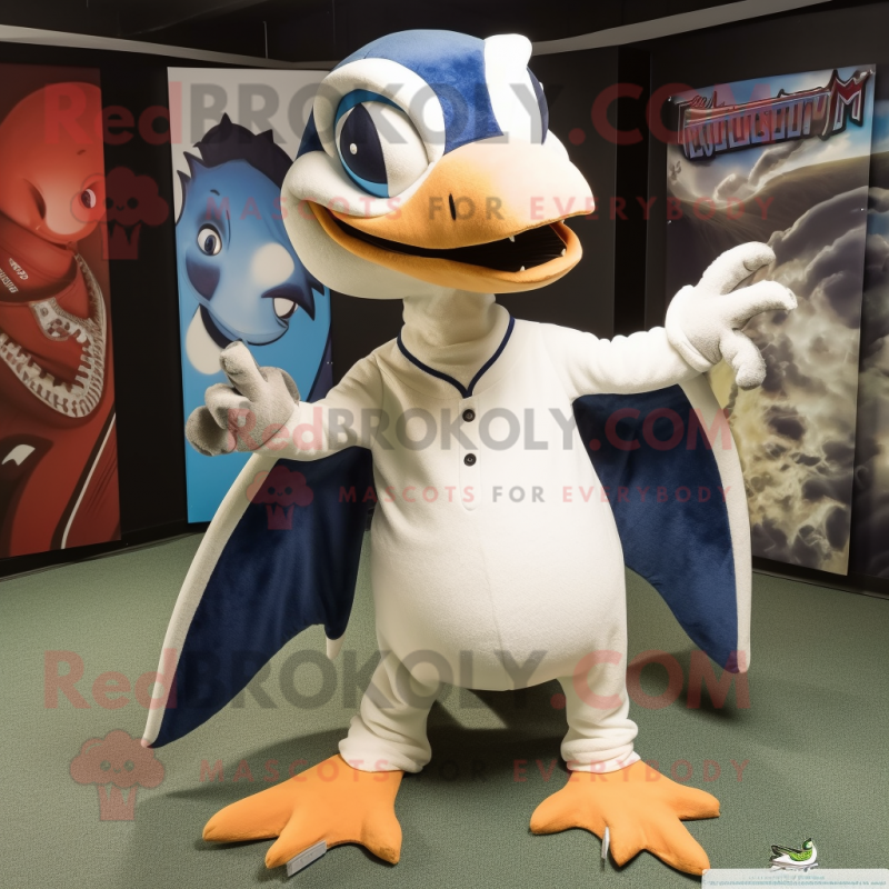 Navy Pterodactyl mascot costume character dressed with a Baseball Tee and Clutch bags