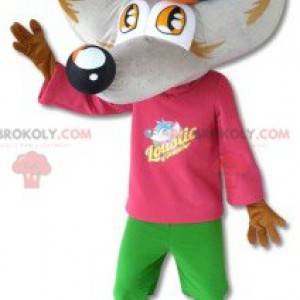 Mascota lobo gris y marrón con un traje colorido -