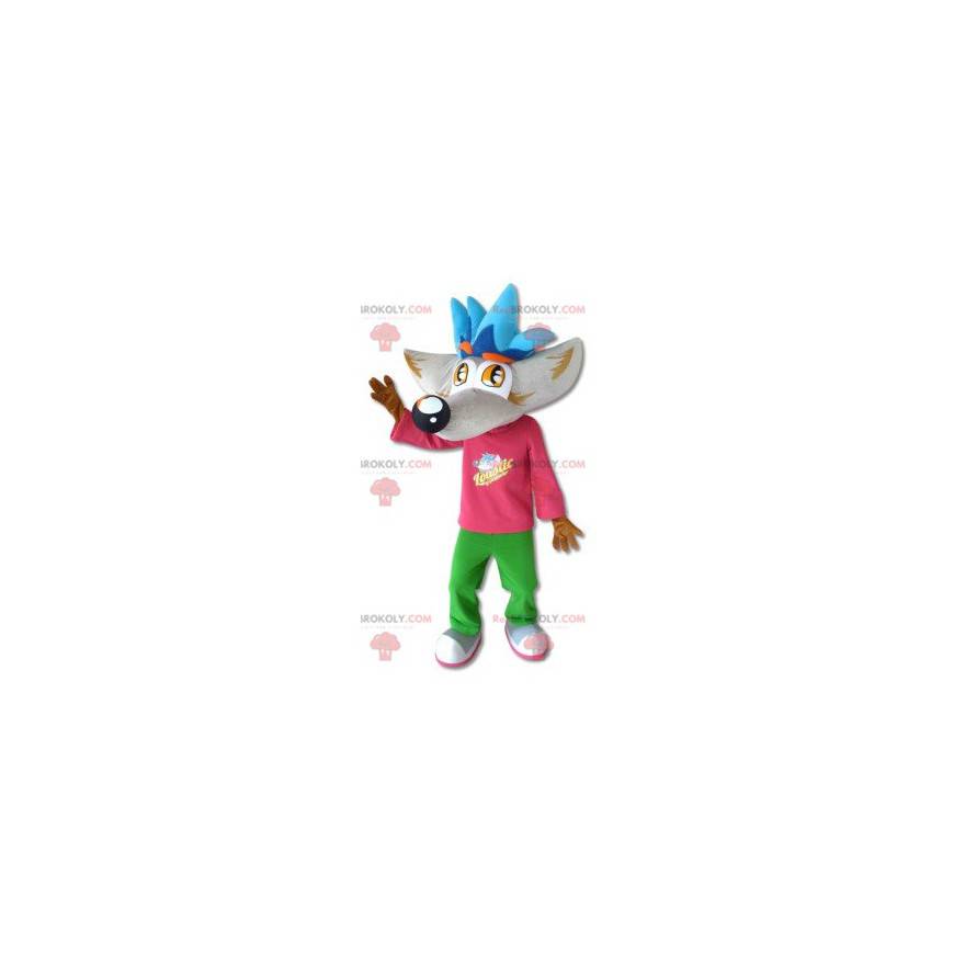 Graues und braunes Wolfsmaskottchen mit einem bunten Outfit -