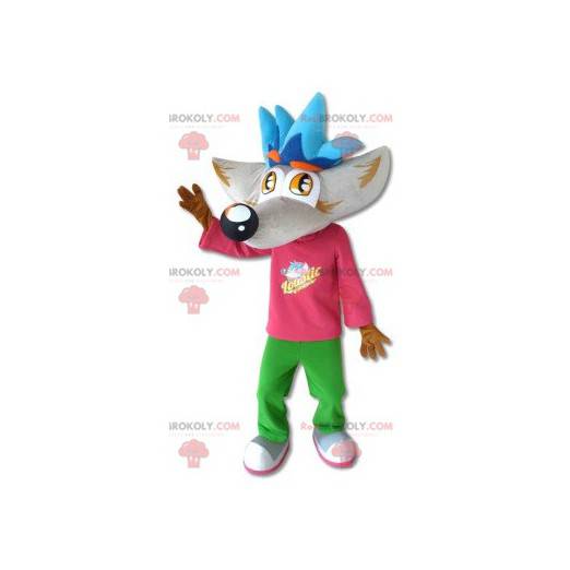 Graues und braunes Wolfsmaskottchen mit einem bunten Outfit -