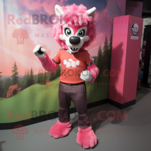 Pink Wolf mascot costume character dressed with a Rash Guard and Shoe clips