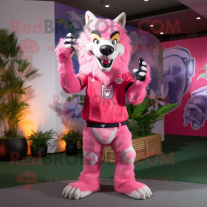 Pink Wolf mascot costume character dressed with a Rash Guard and Shoe clips