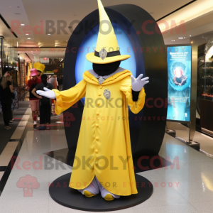 Lemon Yellow Magician mascot costume character dressed with a Coat and Hats