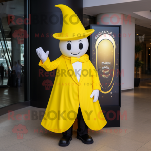 Lemon Yellow Magician mascot costume character dressed with a Coat and Hats