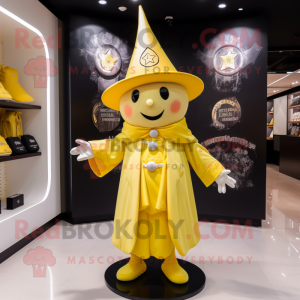 Lemon Yellow Magician mascot costume character dressed with a Coat and Hats