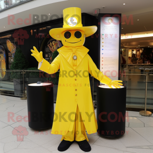 Lemon Yellow Magician mascot costume character dressed with a Coat and Hats