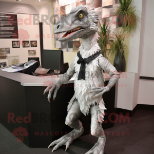 Silver Deinonychus mascot costume character dressed with a Skirt and Ties