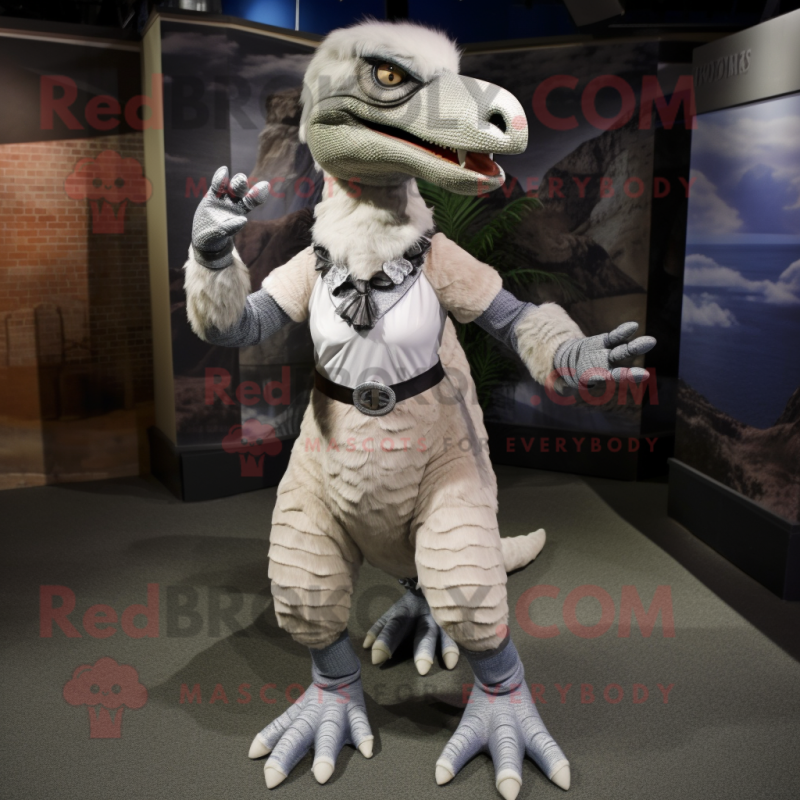 Silver Deinonychus mascot costume character dressed with a Skirt and Ties