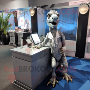 Silver Deinonychus mascot costume character dressed with a Skirt and Ties